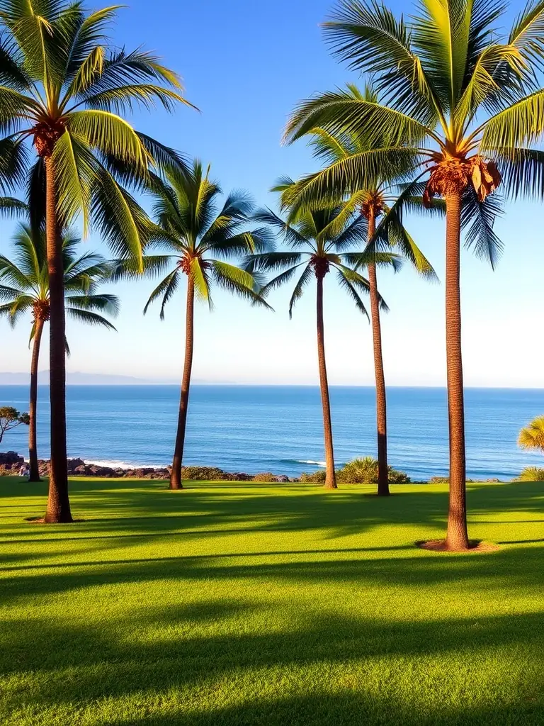 An inviting image of Ellen Browning Scripps Park, featuring lush green lawns, towering palm trees, and panoramic ocean views. The image should evoke a sense of relaxation and outdoor enjoyment.