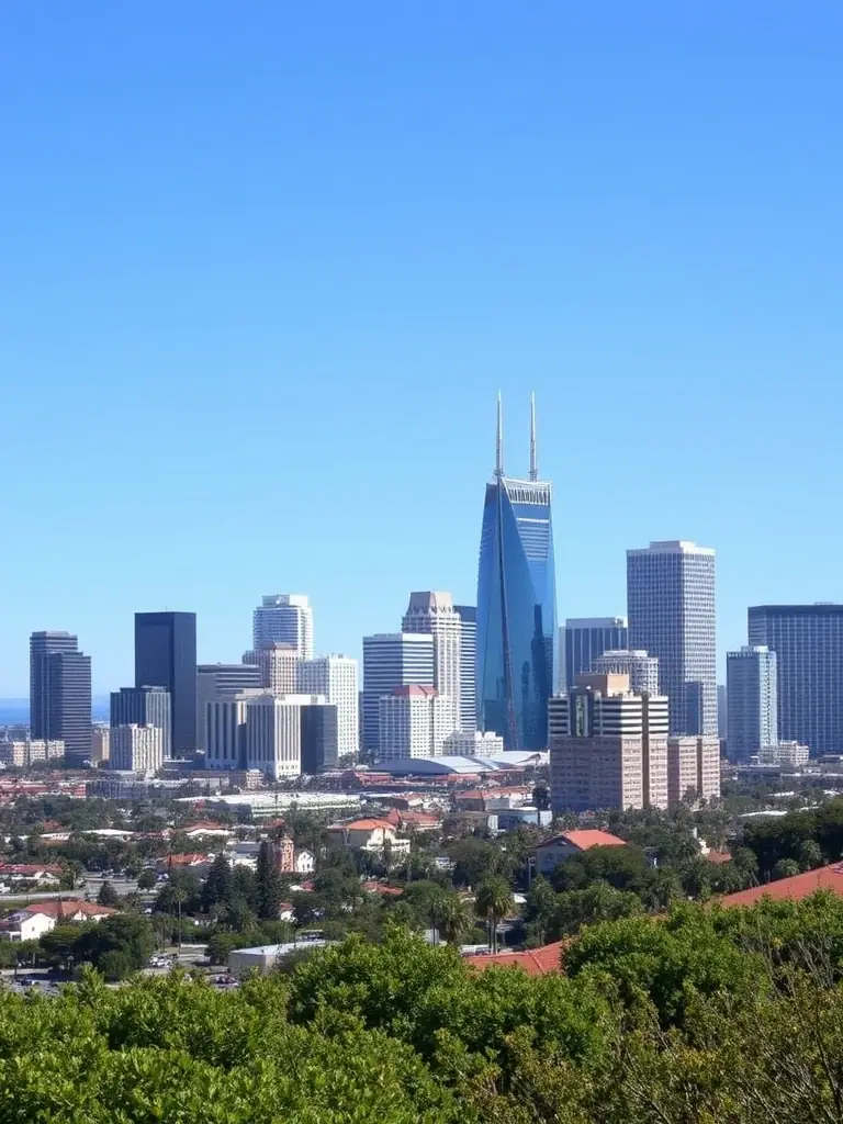 A high-resolution photograph capturing the downtown San Diego skyline from a viewpoint in Point Loma, showcasing the proximity and easy access to the city's urban core. The image should be taken during the day with clear skies.