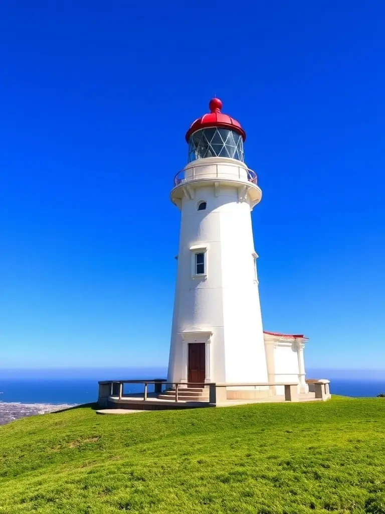 A photograph of the Point Loma Lighthouse at Cabrillo National Monument, highlighting its historical significance and architectural beauty. The image should be taken during the day with a clear blue sky.