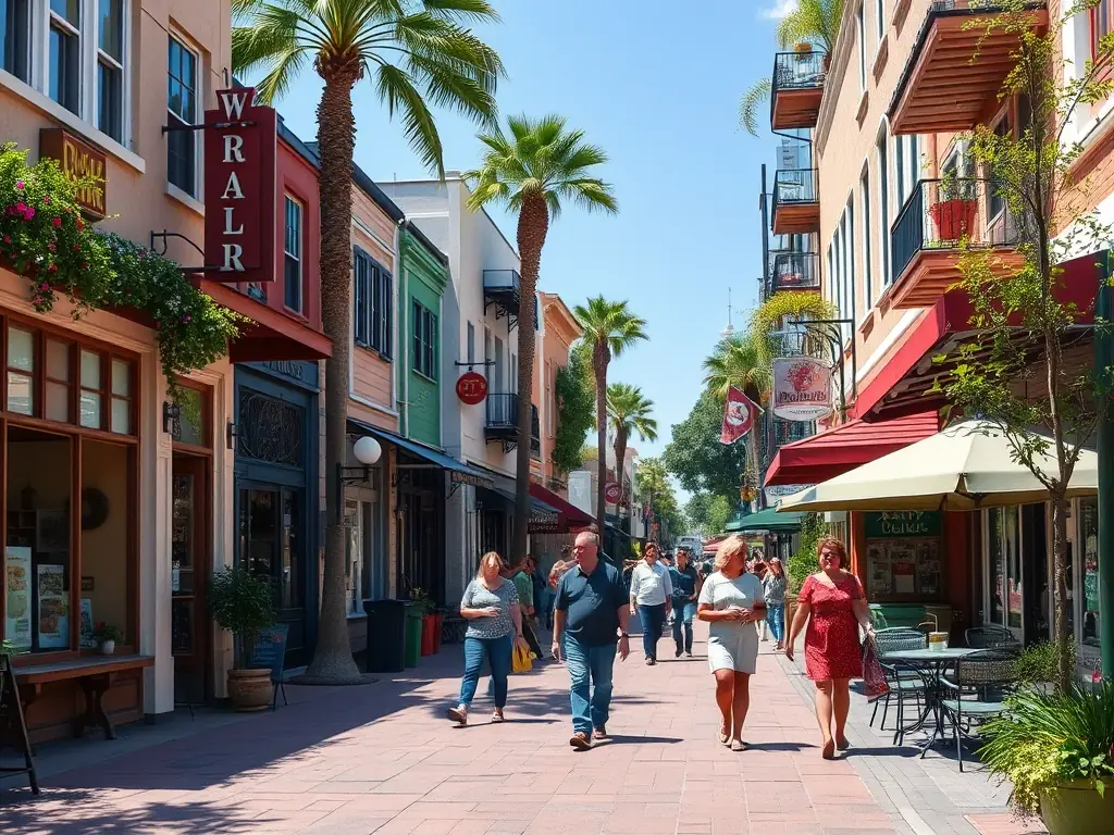 A vibrant street scene in Bay Park, showcasing local shops, cafes, and restaurants, with people strolling along the sidewalks and enjoying the neighborhood's lively atmosphere.