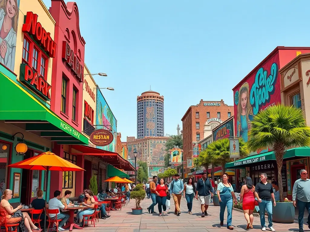 A bustling street scene in North Park, San Diego, showcasing a variety of restaurants with outdoor seating, pedestrians enjoying the vibrant atmosphere, and colorful murals adorning the buildings.