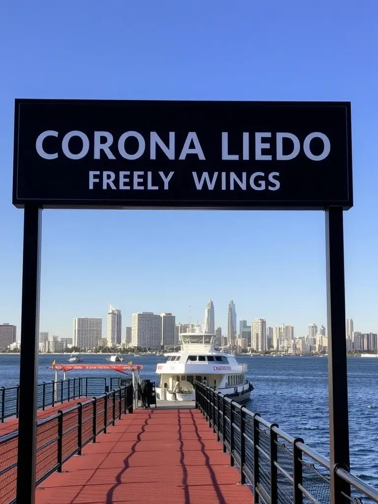 A picturesque view of the Coronado Ferry Landing, with the San Diego skyline in the background, showcasing the easy access to downtown San Diego and other attractions. This image represents the accessibility of Coronado.