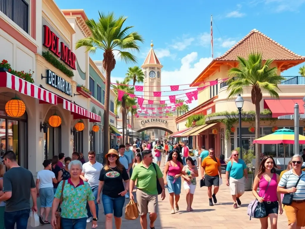 A vibrant image capturing the Del Mar Plaza, showcasing its upscale shops, restaurants, and the lively atmosphere, with people strolling and enjoying the coastal ambiance.