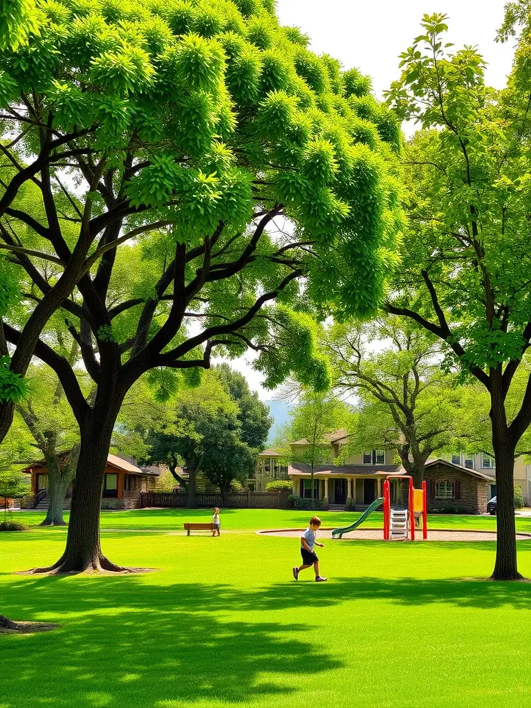 A lush green park in Coronado, featuring mature trees, manicured lawns, and a playground with children playing, set against a backdrop of charming residential homes. This image represents the parks and recreation areas in Coronado.