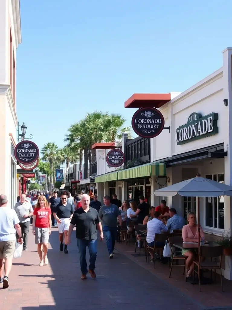 A vibrant street scene in downtown Coronado, showcasing local shops, restaurants with outdoor seating, and people strolling along the sidewalk, creating a lively and welcoming atmosphere. This image represents the local amenities in Coronado.