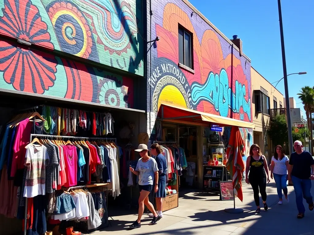 A colorful mural on the side of a building in North Park, with people browsing the unique collection of vintage clothing and accessories inside.