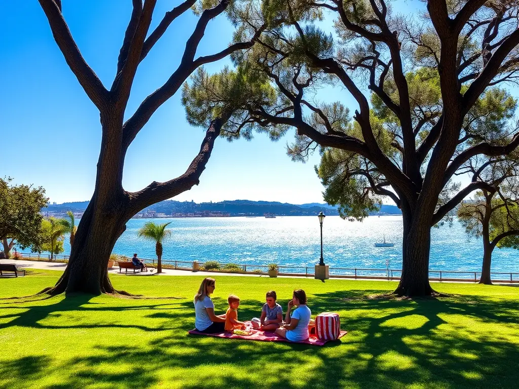 A picturesque scene of a family enjoying a picnic at a park in Bay Park, with lush green grass, mature trees, and views of Mission Bay in the background.