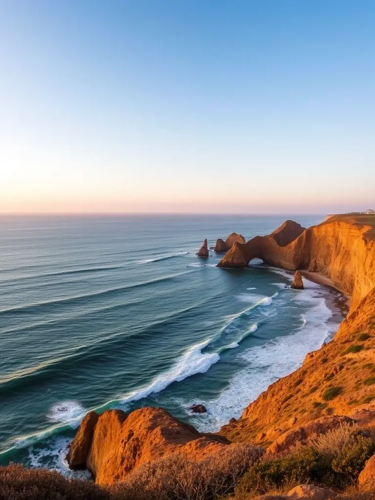 A panoramic shot of the Pacific Ocean from the cliffs of Point Loma, emphasizing the stunning ocean views and natural beauty of the area. The image should be taken during sunset to capture the golden light.