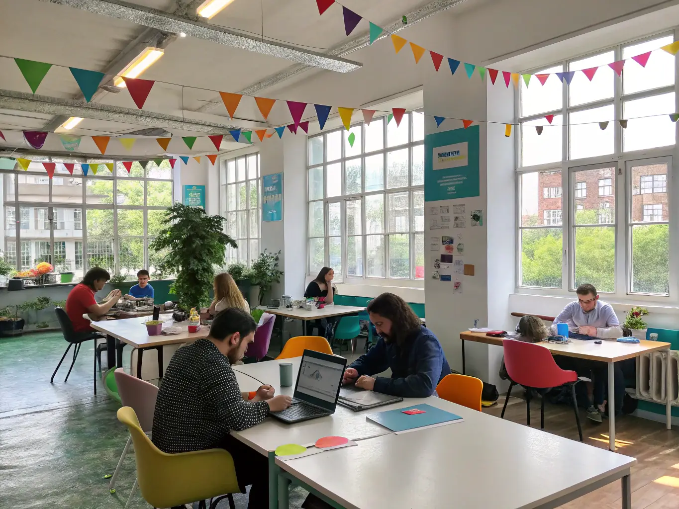 A modern co-working space in North Park, with entrepreneurs and freelancers collaborating on projects in a bright and inspiring environment.