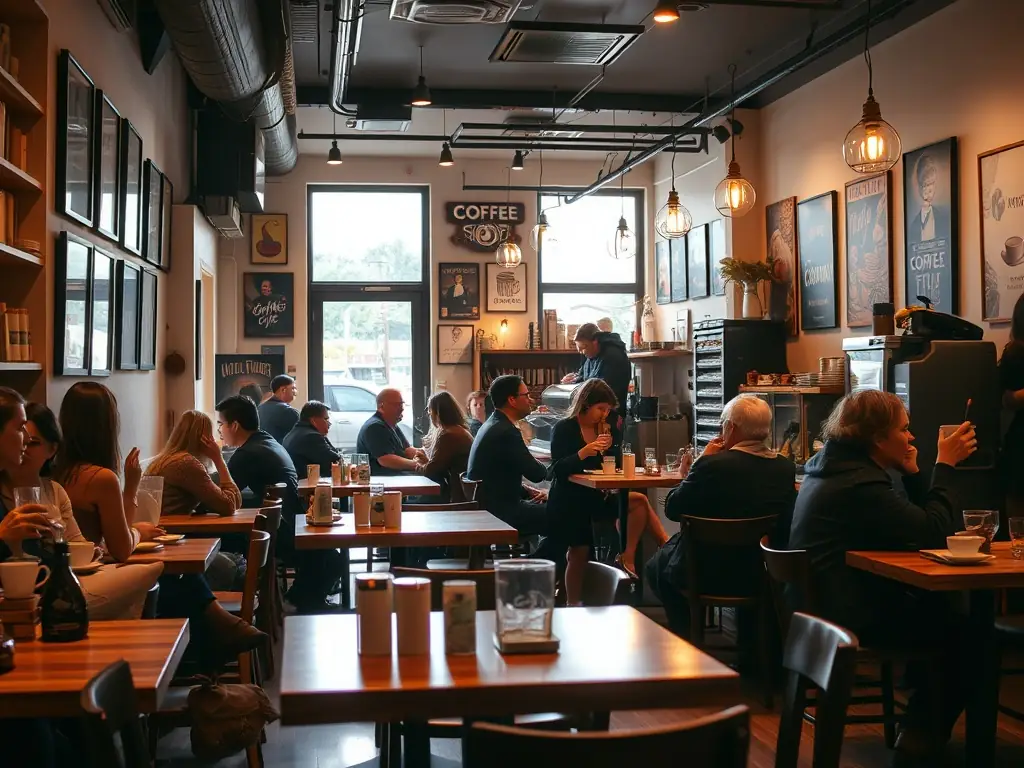 A cozy and inviting coffee shop in North Park, San Diego, featuring patrons enjoying coffee and conversation, with bookshelves lining the walls and a relaxed, community-focused atmosphere.