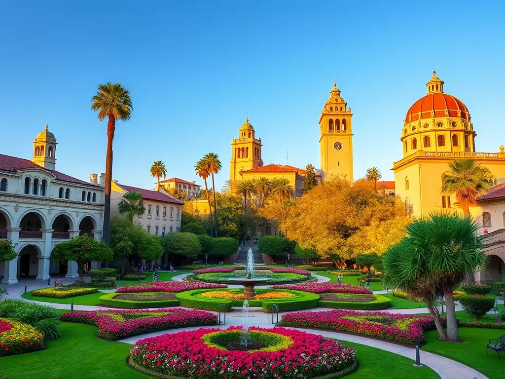A vibrant outdoor scene in Balboa Park, San Diego, with lush greenery, walking paths, and the iconic California Tower in the background, capturing the essence of leisure and cultural exploration.