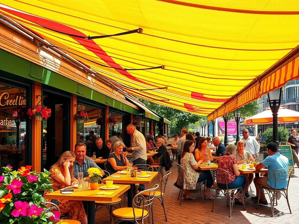 A vibrant outdoor cafe scene in North Park, San Diego, with people enjoying coffee and pastries under colorful umbrellas, showcasing the neighborhood's lively atmosphere.