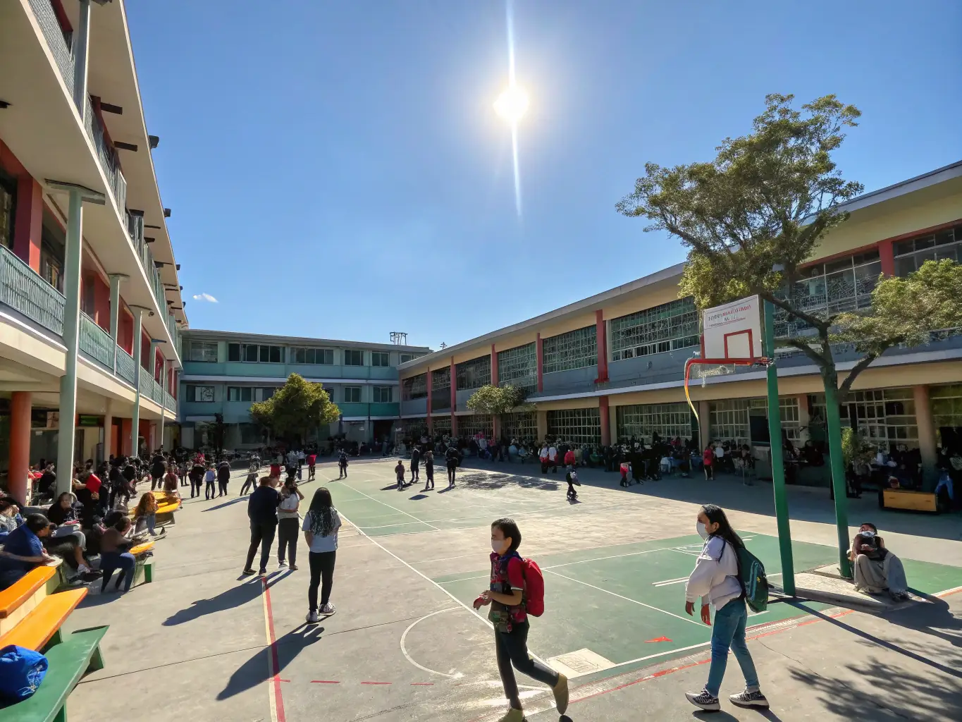 A sunny day at Bay Park Elementary School, with children playing in the schoolyard and parents chatting nearby, capturing the family-friendly atmosphere of the neighborhood.