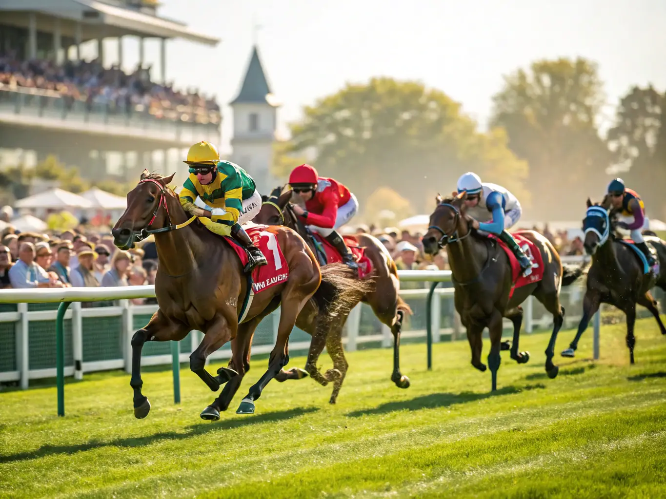 A scenic photograph of the Del Mar Racetrack during a race day, with horses galloping and spectators cheering, capturing the excitement and tradition of the event.