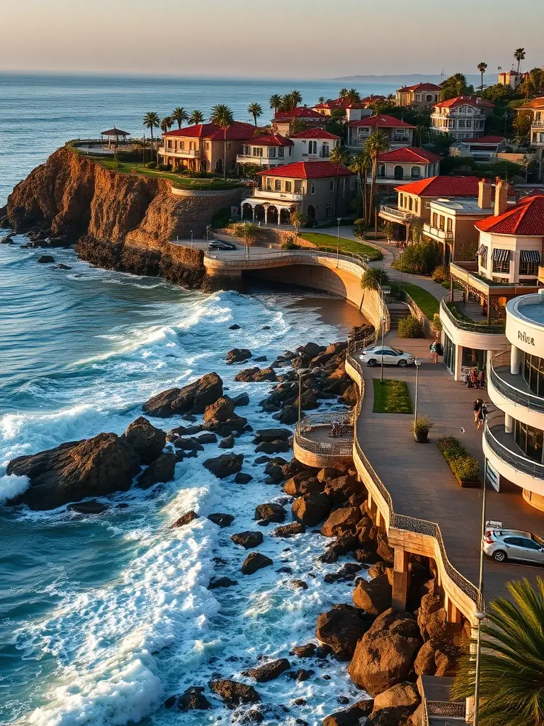 A scenic shot of the La Jolla Cove, showcasing its dramatic cliffs, clear turquoise waters, and seals basking on the rocks. The image should emphasize the natural beauty and tranquility of the area.
