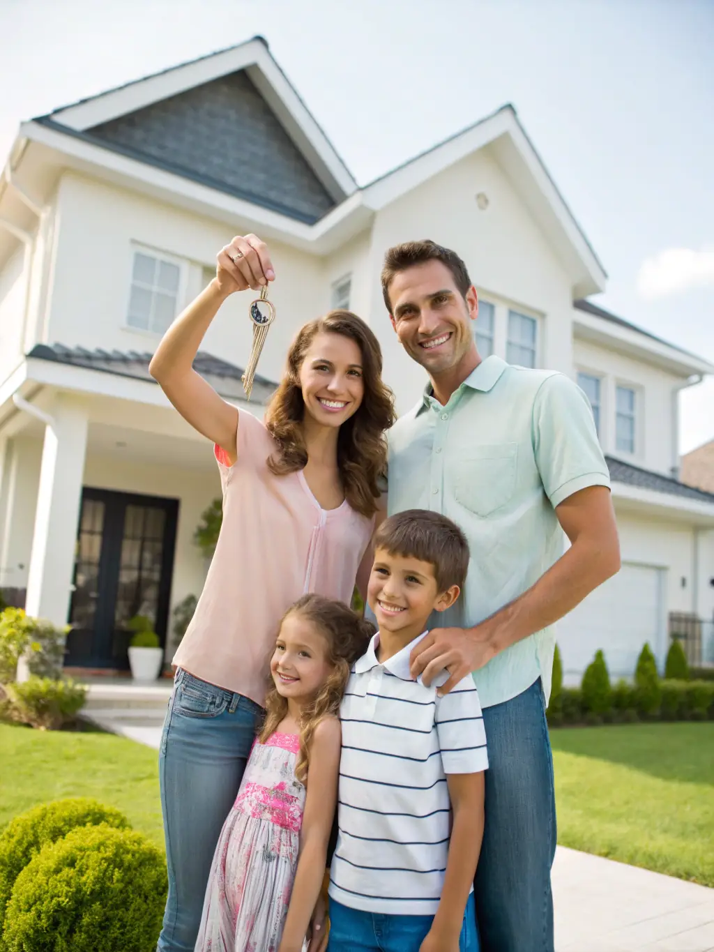 A sun-drenched image of a family receiving keys to their new Spanish-style home in a vibrant San Diego neighborhood, symbolizing the joy of homeownership.