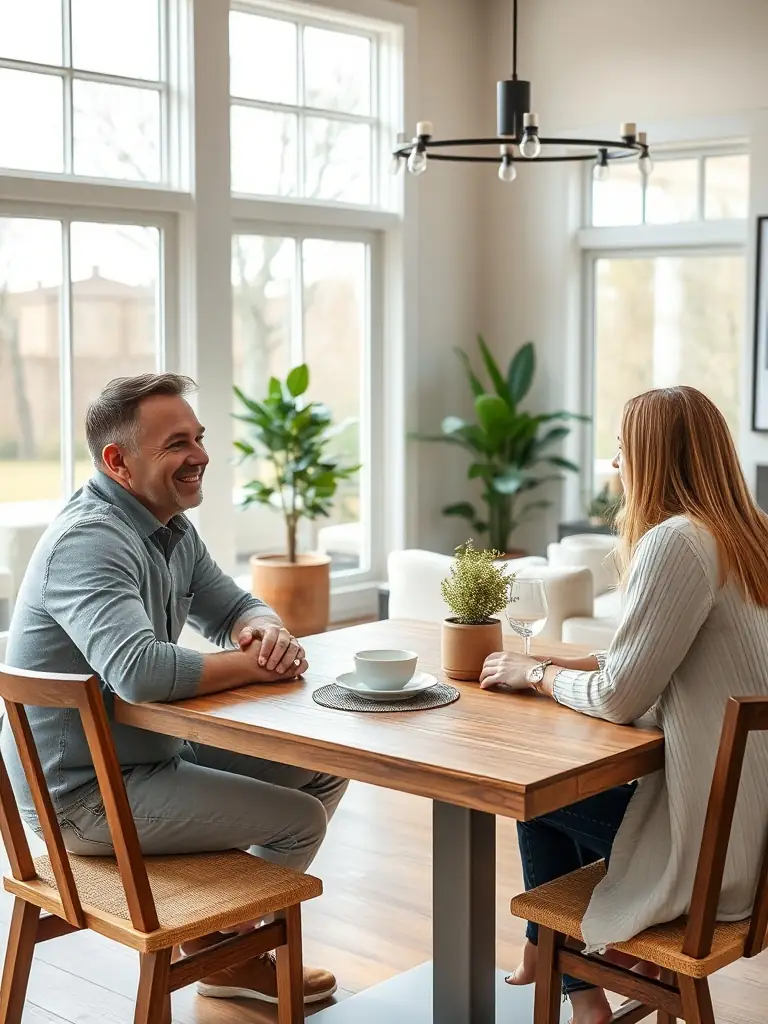 A warm and inviting photo of Addie Jacobs meeting with a young couple in a bright, modern San Diego home, discussing their needs and preferences with genuine care and attention.