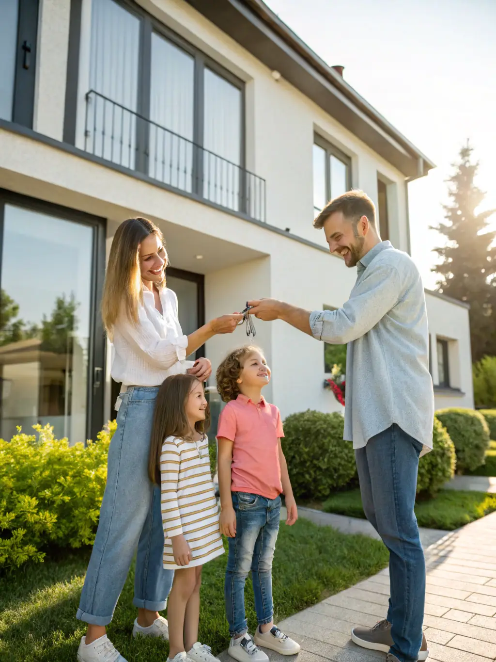A photo of a happy family receiving keys to their new home from Addie Jacobs, with a celebratory atmosphere and genuine smiles all around.